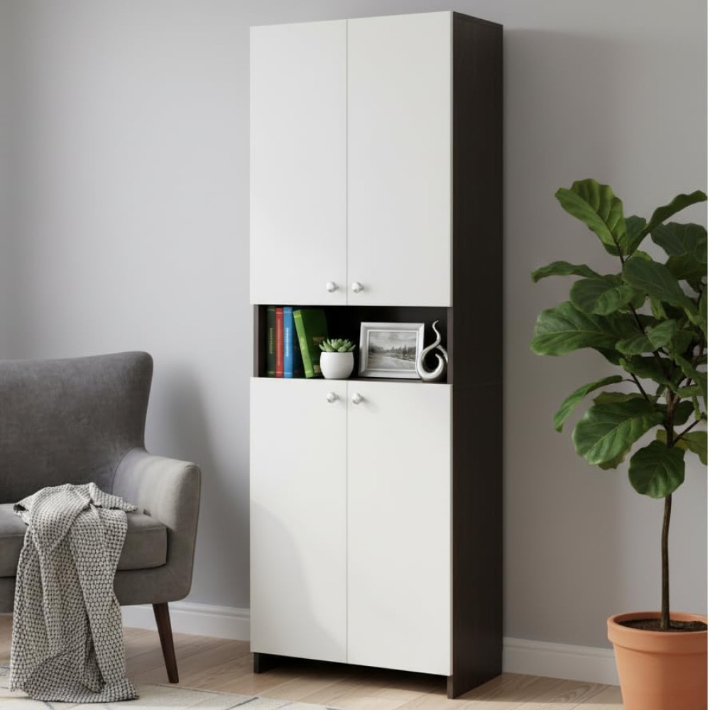 Vault Tall Wooden Bookshelf with 2-Door Cabinet & 3 Open Shelves (Wenge & White) - photo