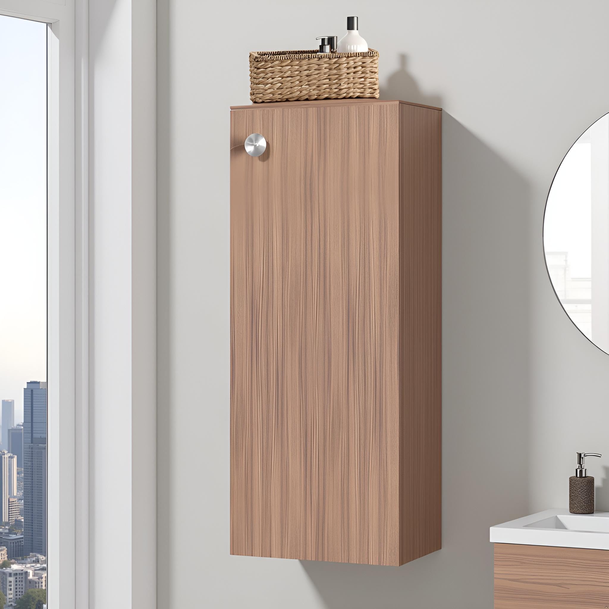 Marbin Modern Engineered Wood Bathroom Storage Cabinet with Door (Exotic Teak)