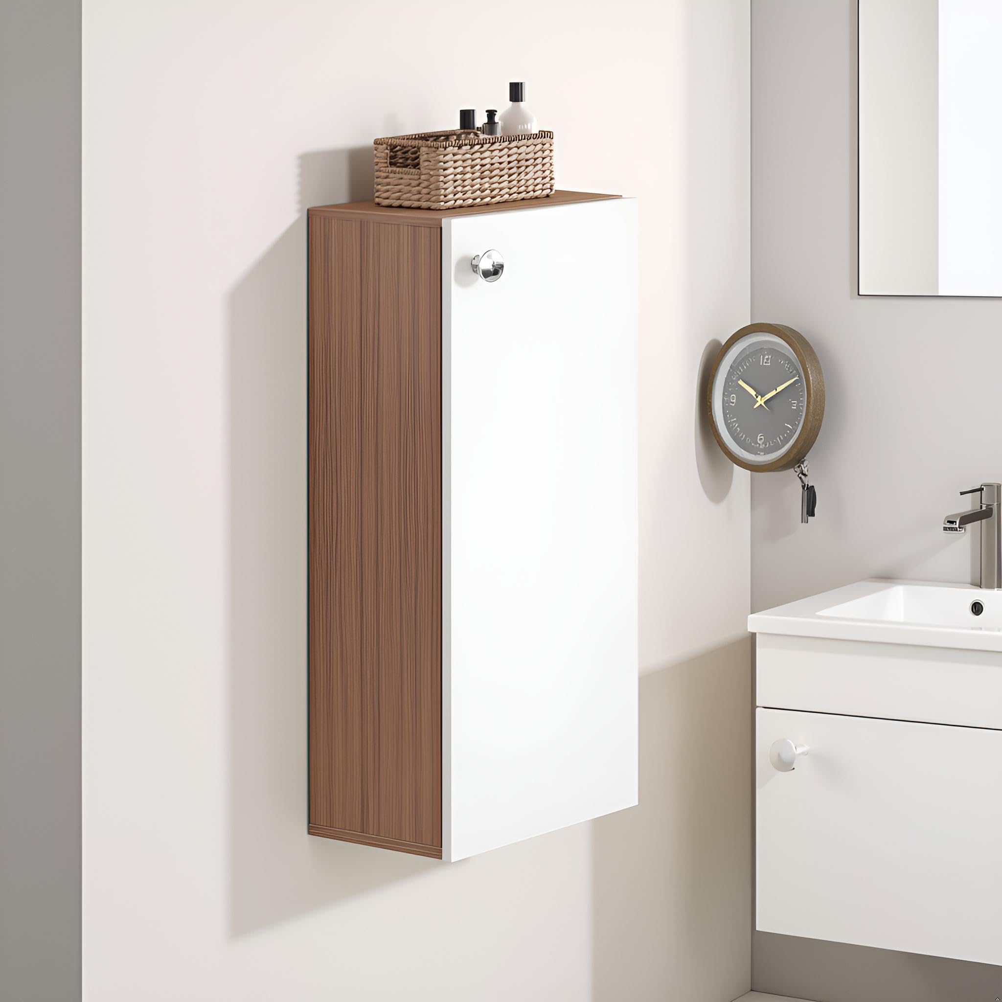 Marbin Modern Engineered Wood Bathroom Storage Cabinet with Door (Exotic Teak & White)