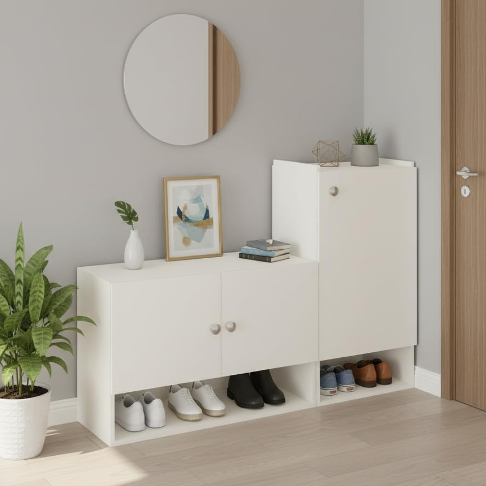 Sinala Engineered Wood Shoe Rack with Doors & Open Shelves (White) - photo