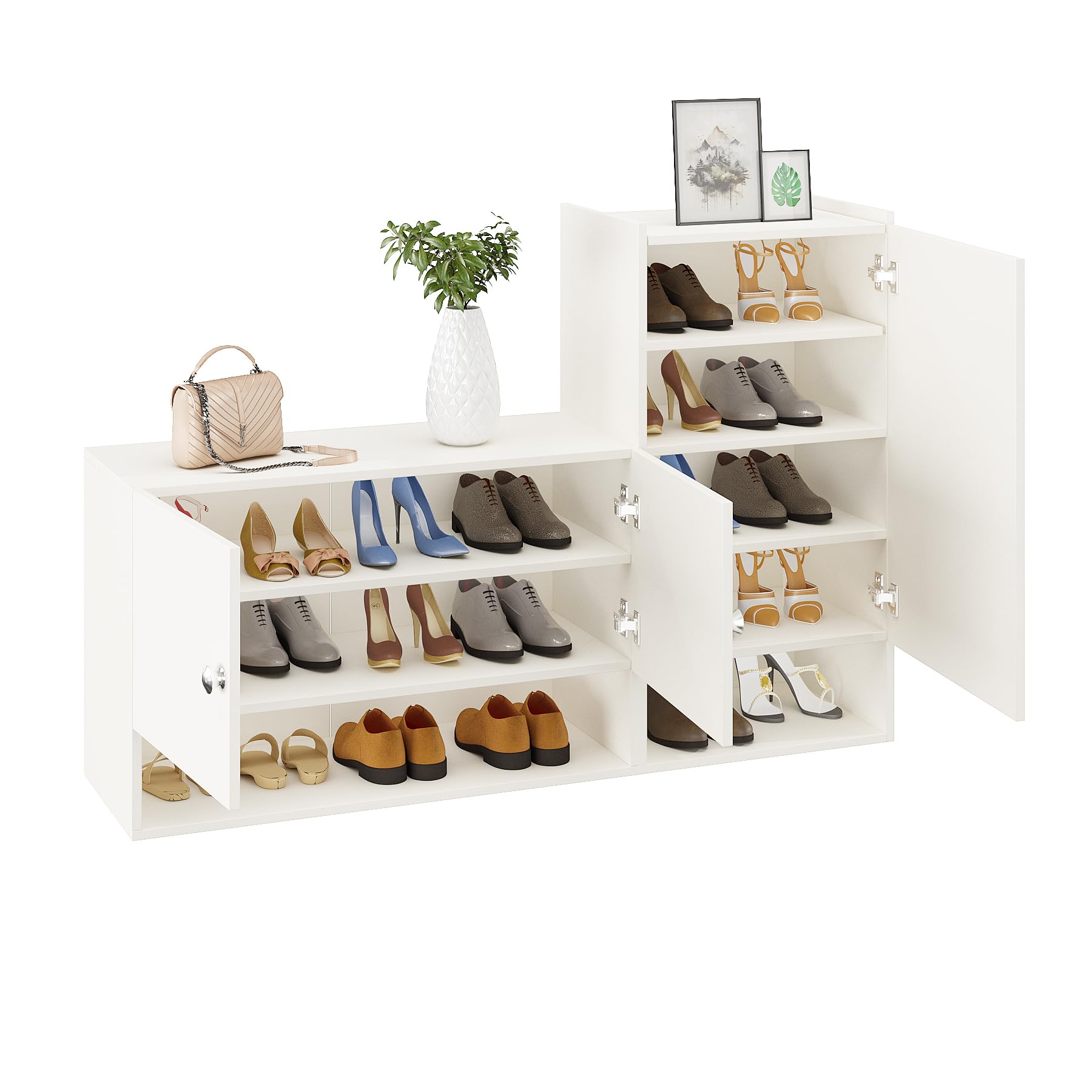 Sinala Engineered Wood Shoe Rack with Doors & Open Shelves (White)