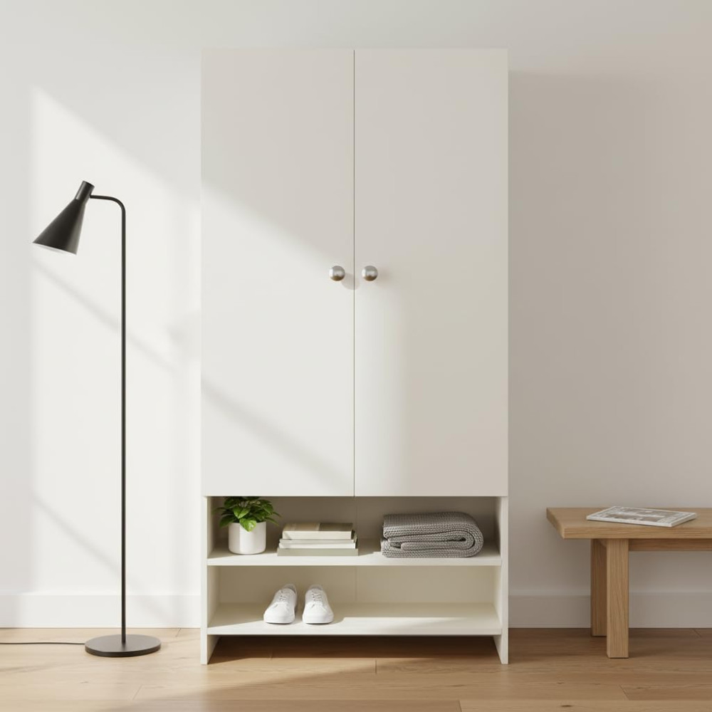 YSH Engineered Wood Wardrobe Almirah for Clothes with 2 Doors & Open Shoe Rack (White) - photo