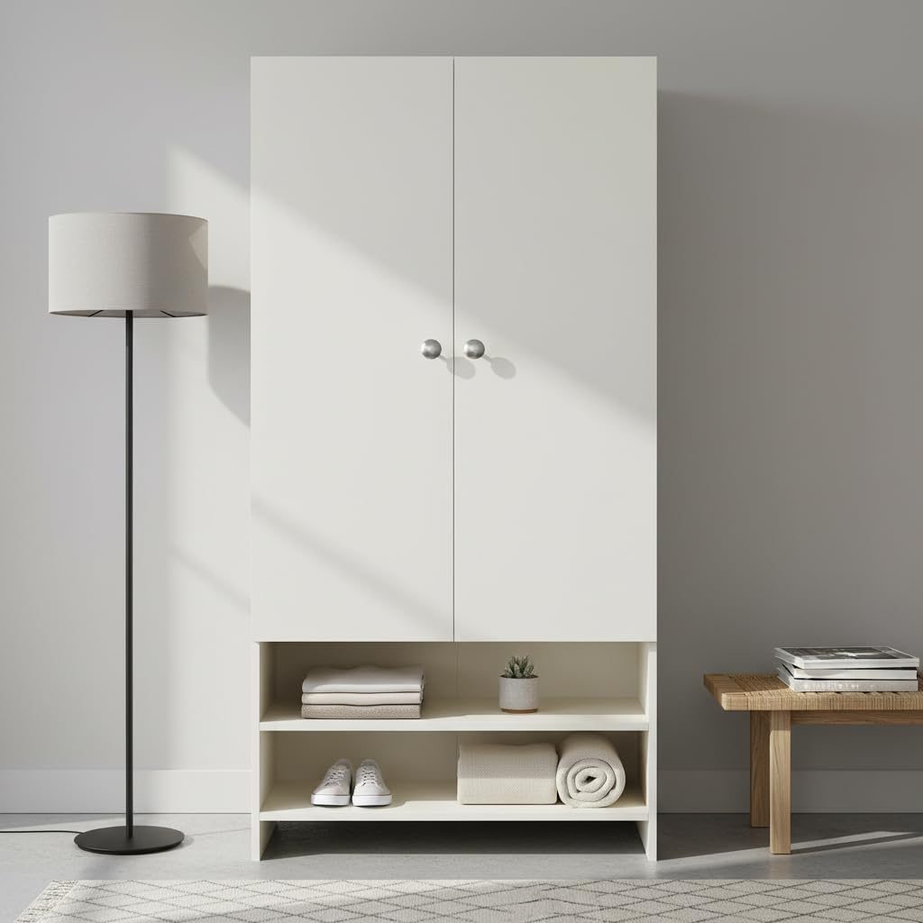 YSH Engineered Wood Wardrobe Almirah for Clothes with 2 Doors & Open Shoe Rack (White)