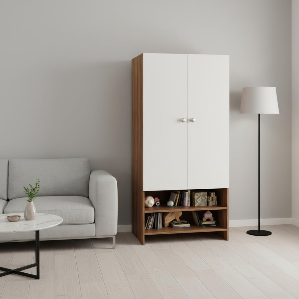 YSH Engineered Wood Wardrobe Almirah for Clothes with 2 Doors & Open Shoe Rack (Exotic Teak & White 2) - photo