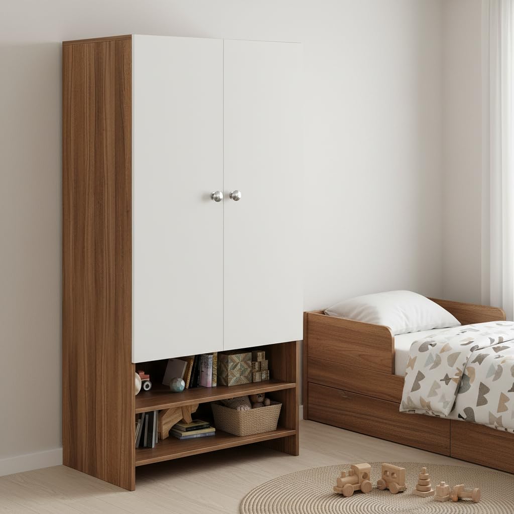 YSH Engineered Wood Wardrobe Almirah for Clothes with 2 Doors & Open Shoe Rack (Exotic Teak & White 2)