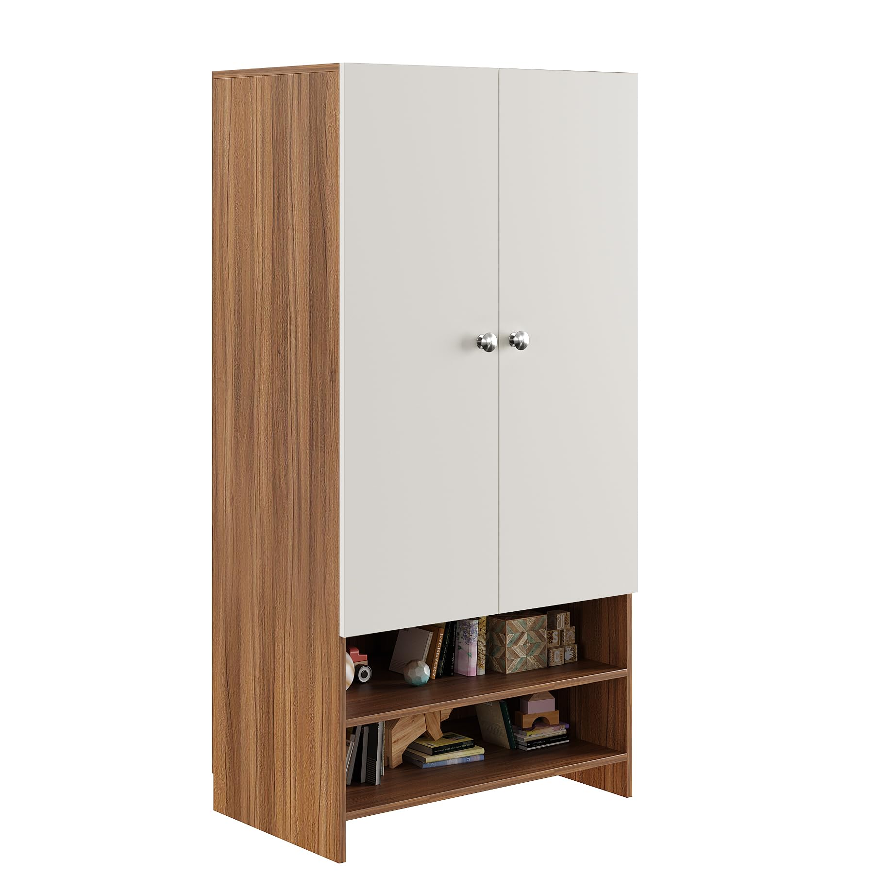 YSH Engineered Wood Wardrobe Almirah for Clothes with 2 Doors & Open Shoe Rack (Exotic Teak & White 2)