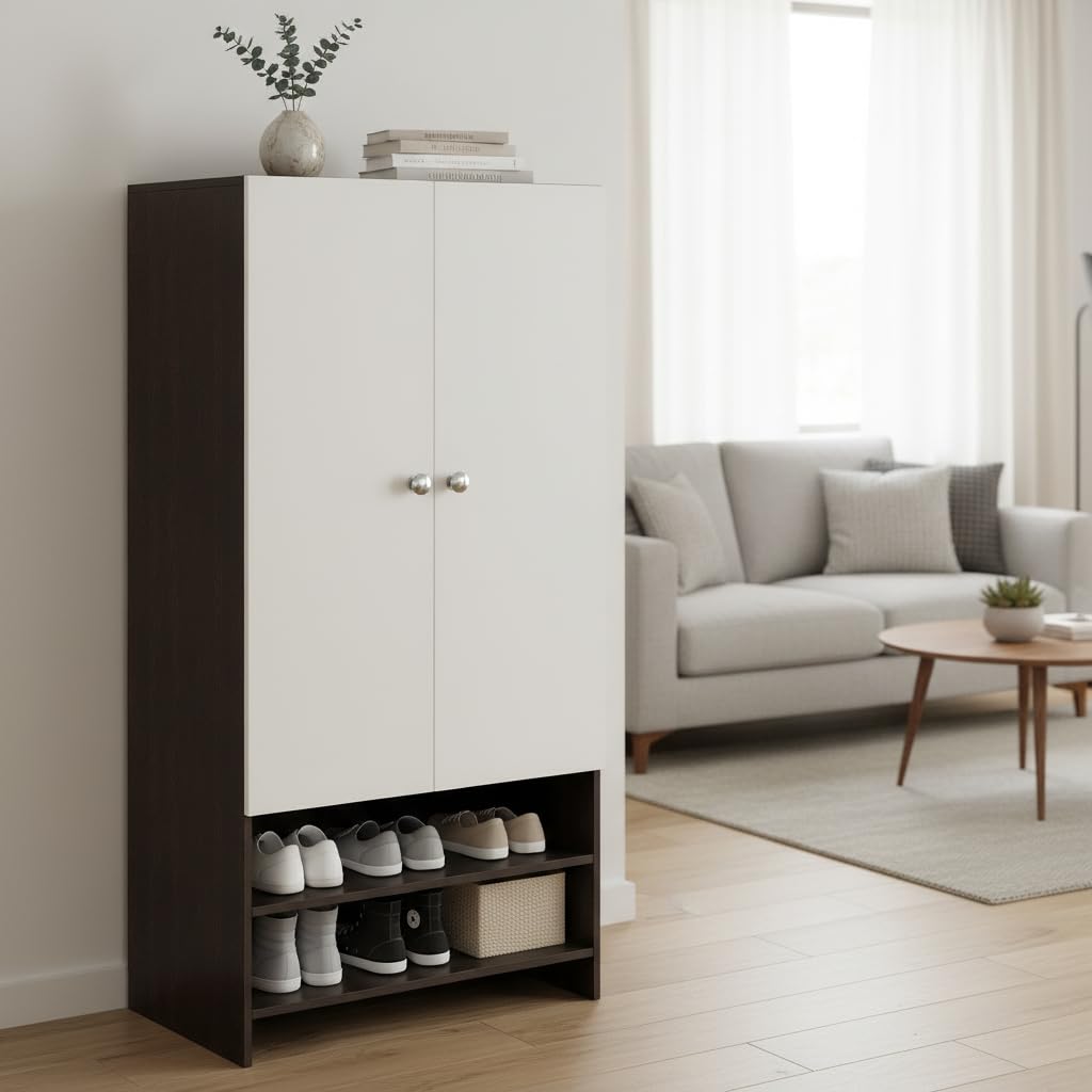 YSH Engineered Wood Wardrobe Almirah for Clothes with 2 Doors & Open Shoe Rack (Wenge & White)