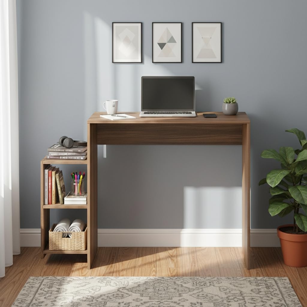 Austin Engineered Wood Study Table with Side Storage Shelves (Exotic Teak)