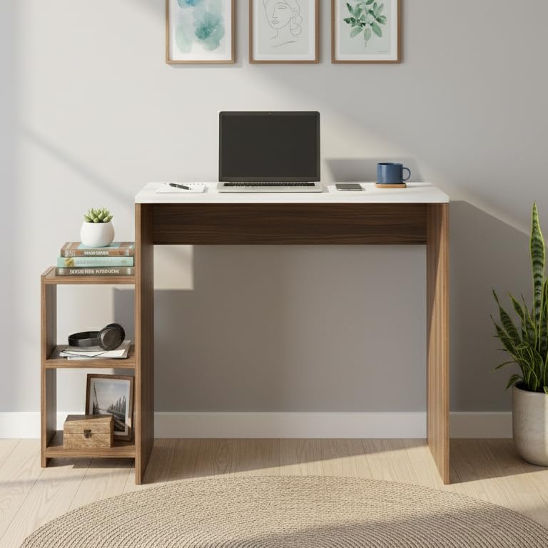 Austin Engineered Wood Study Table with Side Storage Shelves (Exotic Teak & White)