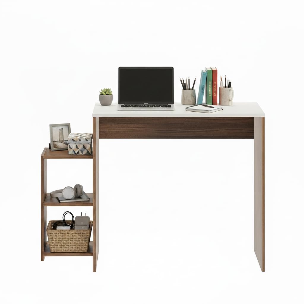 Austin Engineered Wood Study Table with Side Storage Shelves (Exotic Teak & White)