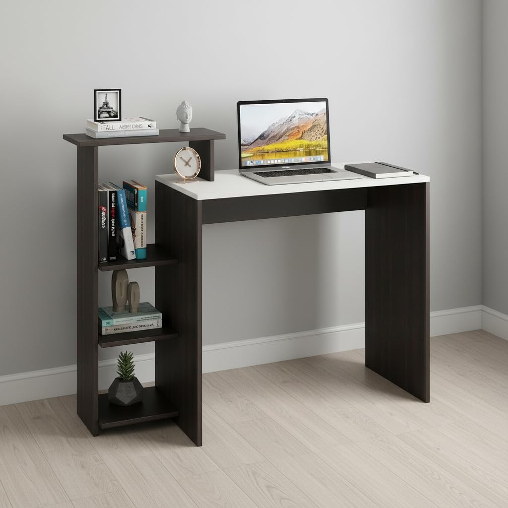 Austin Engineered Wood Study Table with Side Storage Shelves (Wenge & White)