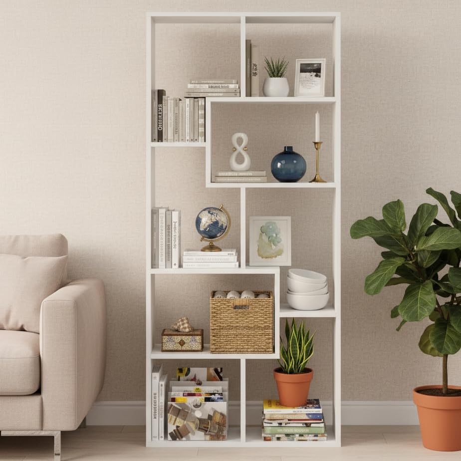 Medina 8 Tier Wooden Bookshelf for Home & Office | Engineered Wood Bookcase Storage Rack & Display Shelf (White)