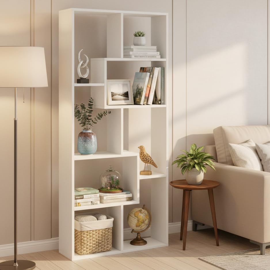 Medina 8 Tier Wooden Bookshelf for Home & Office | Engineered Wood Bookcase Storage Rack & Display Shelf (White)