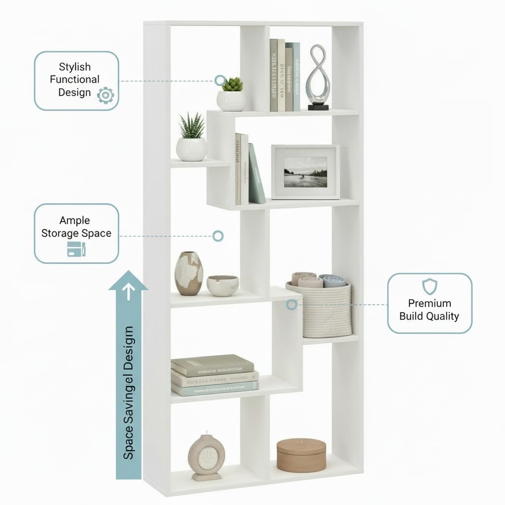 Medina 8 Tier Wooden Bookshelf for Home & Office | Engineered Wood Bookcase Storage Rack & Display Shelf (White)