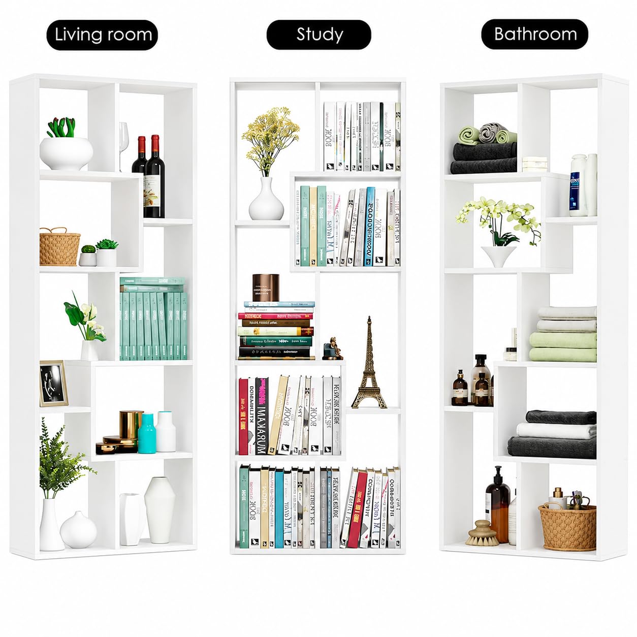 Medina 8 Tier Wooden Bookshelf for Home & Office | Engineered Wood Bookcase Storage Rack & Display Shelf (White)
