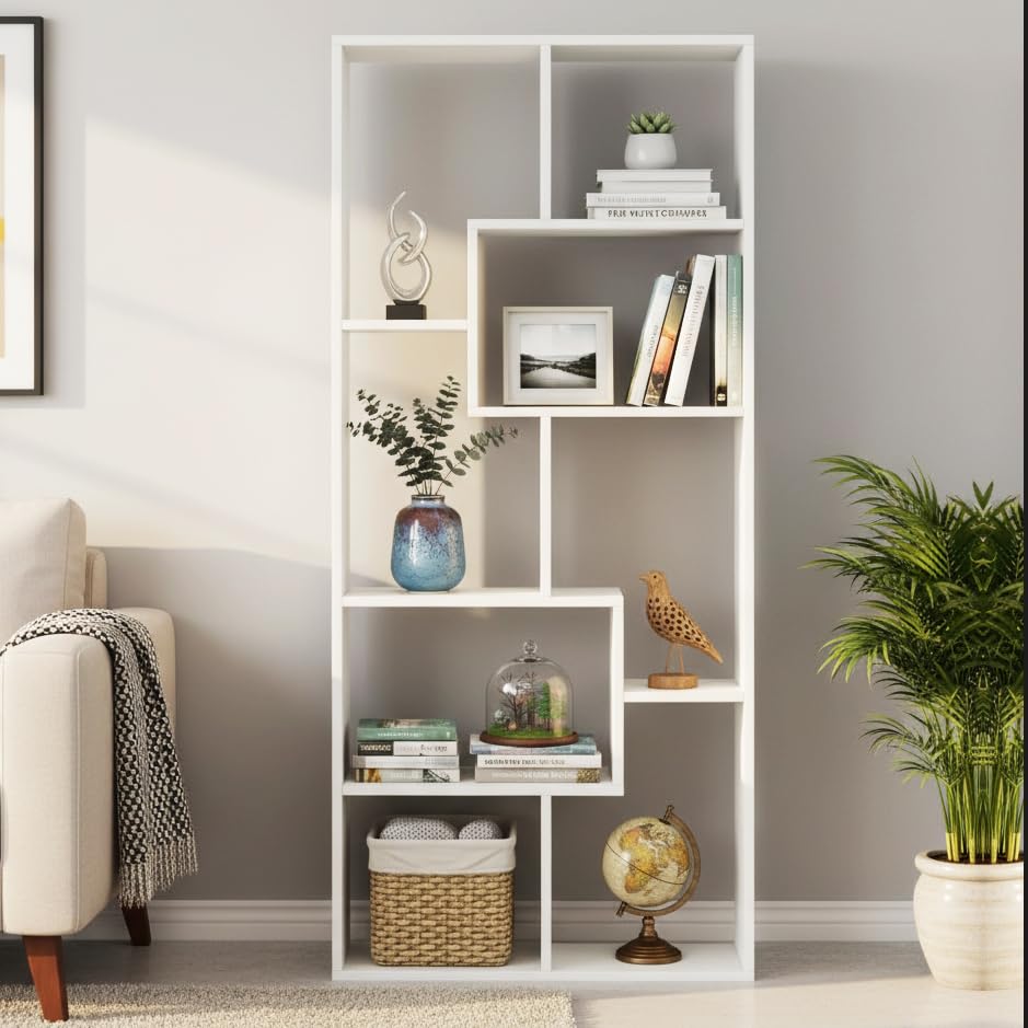 Medina 8 Tier Wooden Bookshelf for Home & Office | Engineered Wood Bookcase Storage Rack & Display Shelf (White)