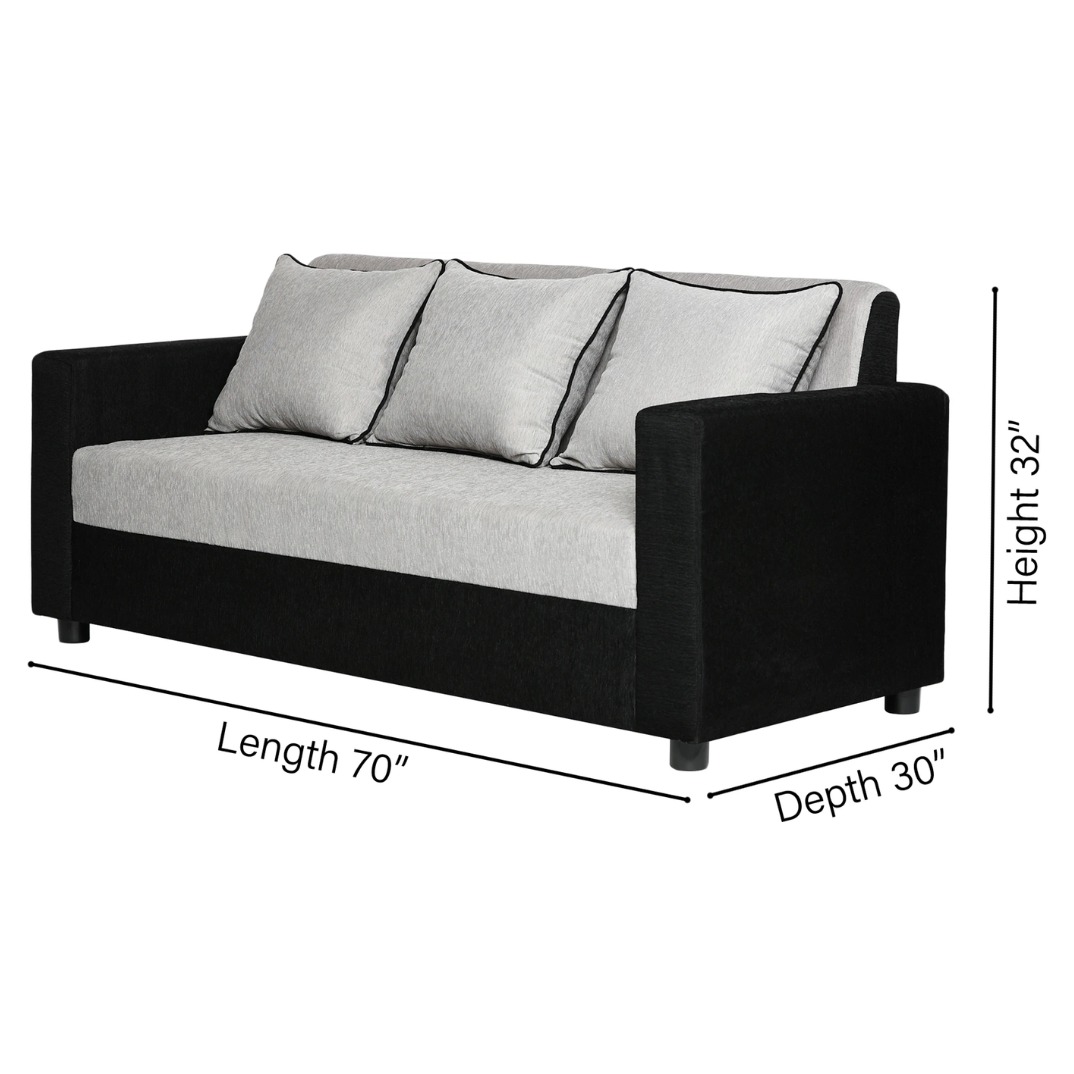 Tulip Black & Silver Fabric 3 Seater Sofa (70x30x32 Inch)
