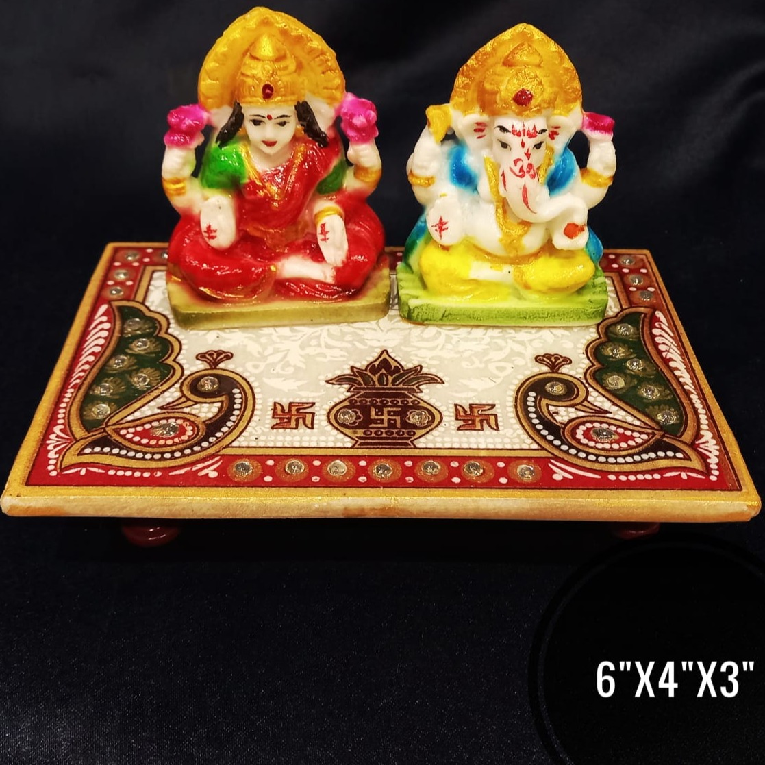 Lord  Ganesh Laxmi Stone Idol with Marble Chauki - front_view