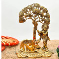 Designer Metal Lord Metal Cow Calf and Krishna Idol Showpiece - photo