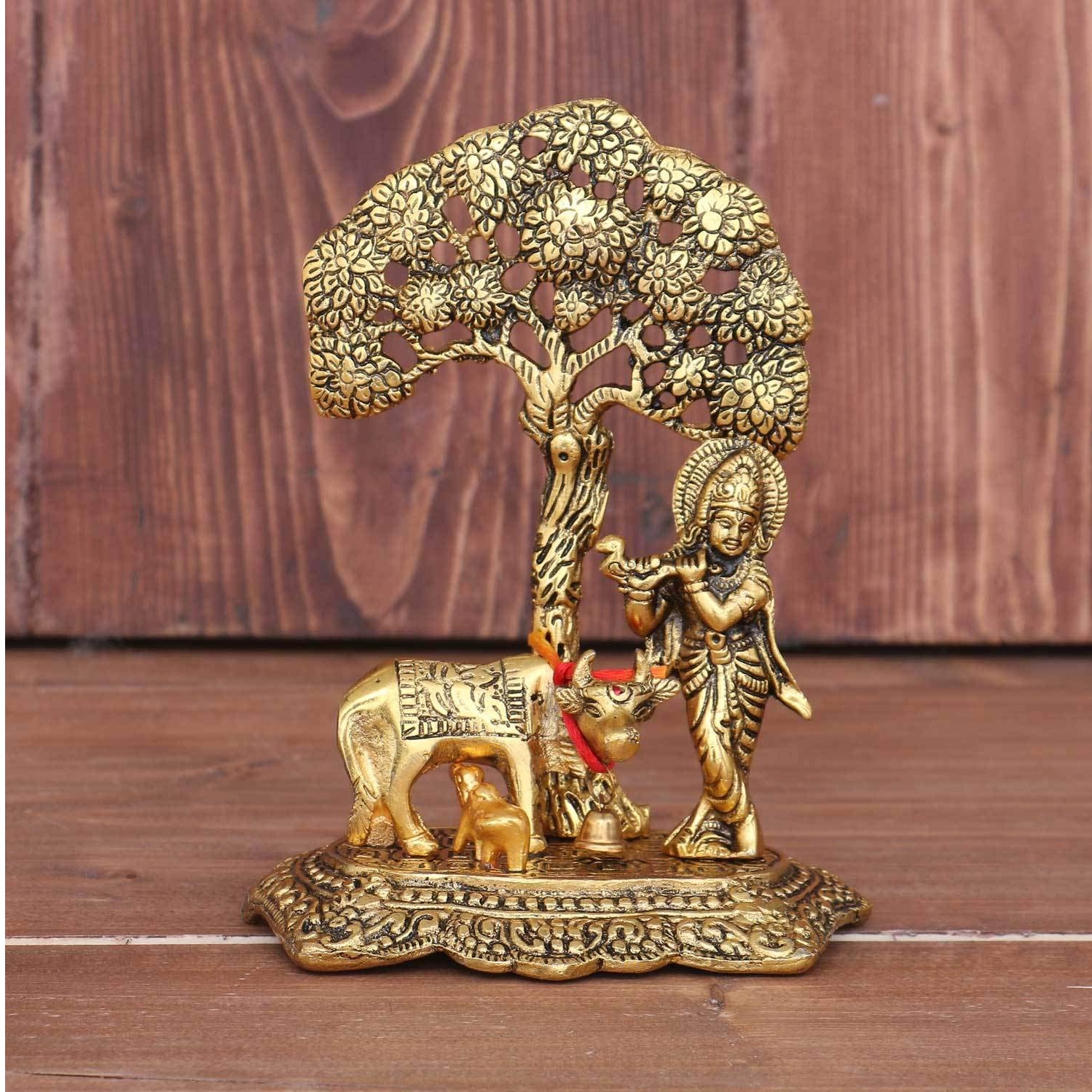 Designer Metal Lord Metal Cow Calf and Krishna Idol Showpiece - front_view