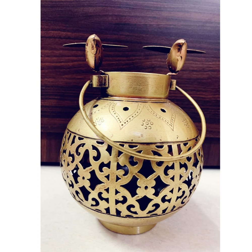 Wrought Iron T-Light Antique Gold Finish Big Wall Hanging Candle Holder - photo