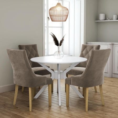 White Round Dining Table With 4 Mink Velvet Dining Chairs