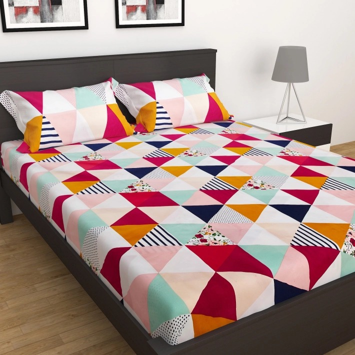 Poly Microfiber Jaipuri Print Double Bedsheet With Pillow Covers - White