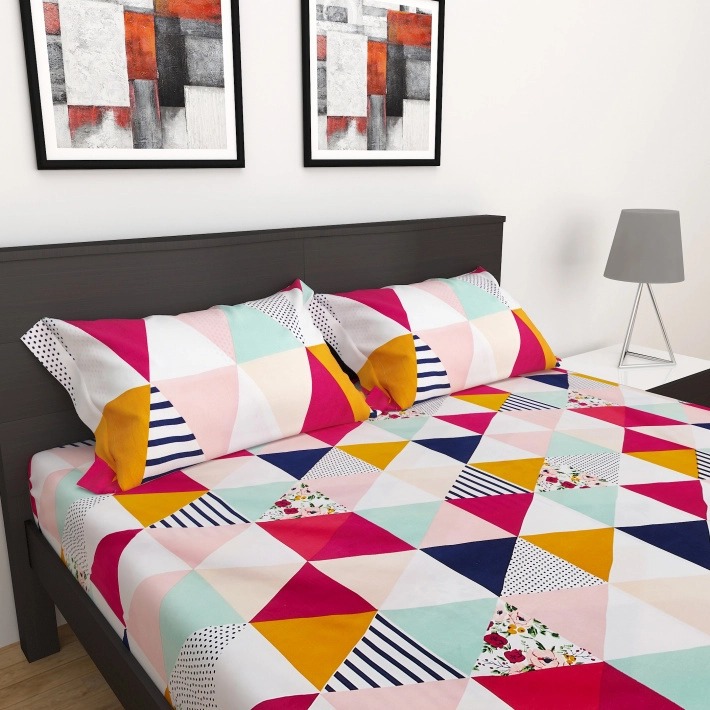 Poly Microfiber Jaipuri Print Double Bedsheet With Pillow Covers - White - front_view