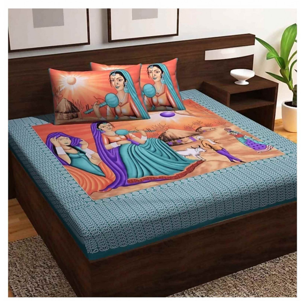 Cotton Double Bedsheet With Pillow Covers Jaipuri Print - Blue - photo