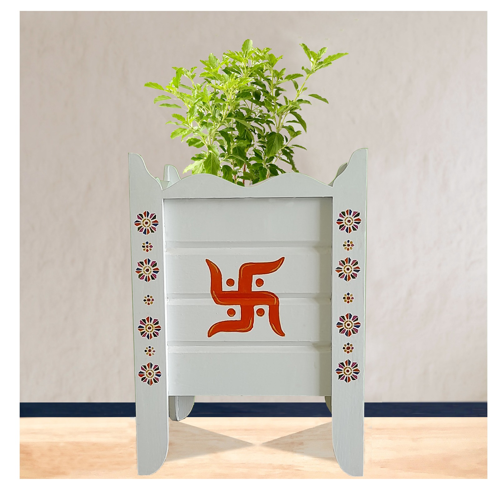 White Wood Polymer Composite Tulsi Planter with Hand Painted Multicolor Pattern Art work - front_view