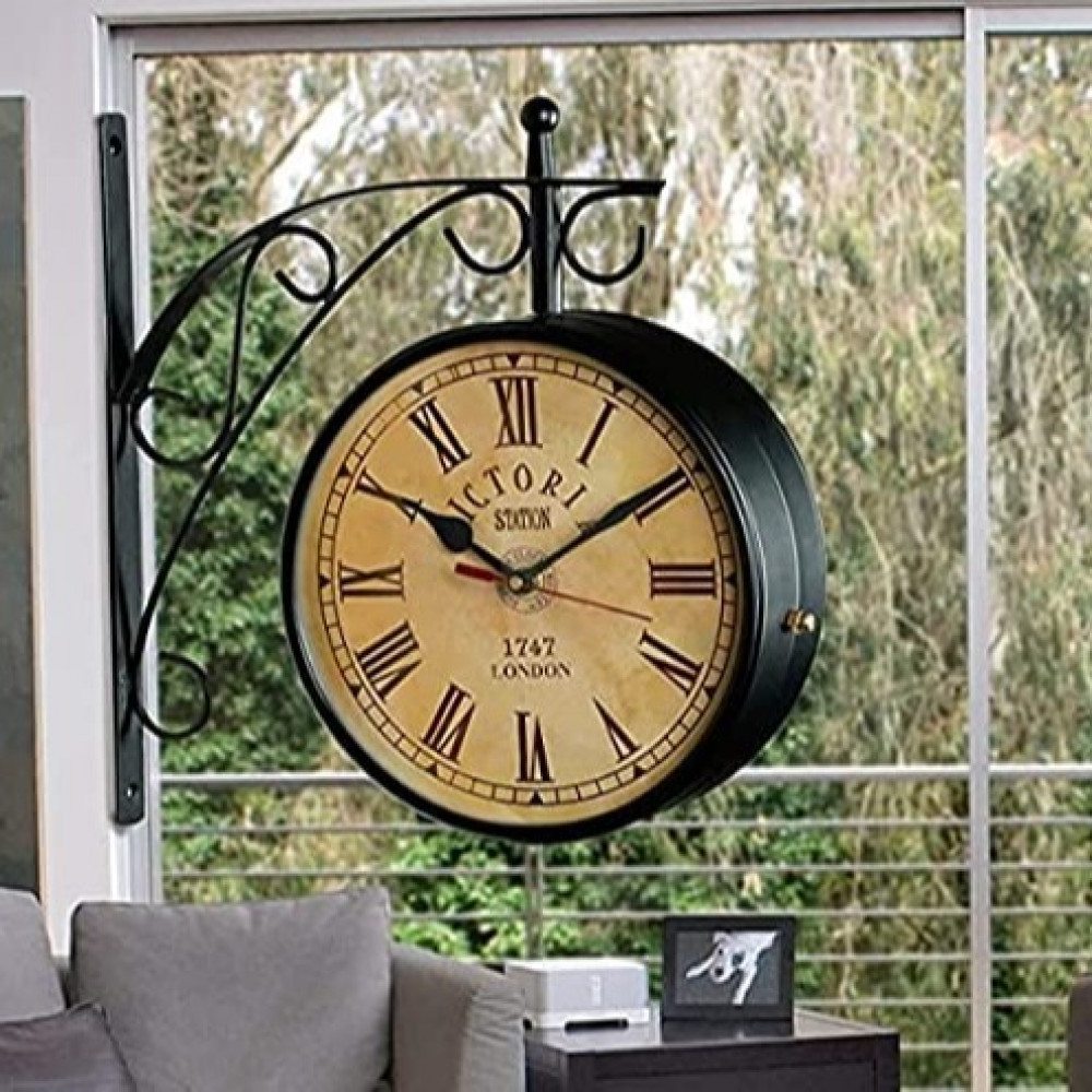 Victoria Iron Dia Retro Double Sided Station Railway Wall Clock (Black, 8 Inch) - photo