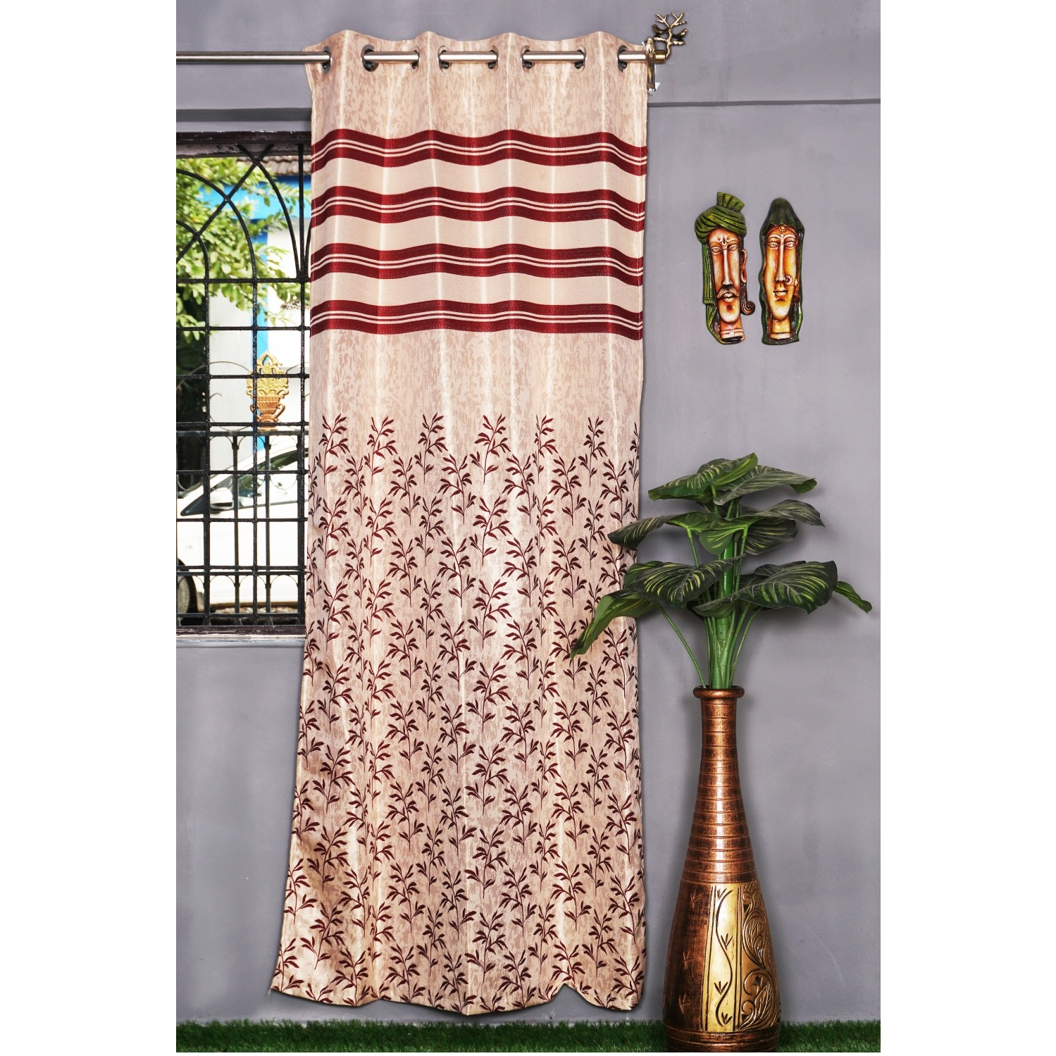 Jacquard Small Leaf Design Long Window Single Curtain -(Red)