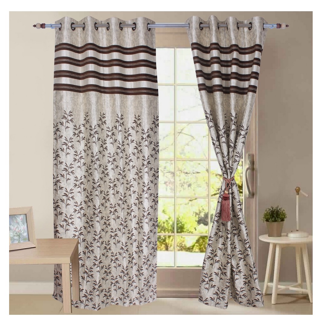 Jacquard Small Leaf Design Long Window Single Curtain (Brown)