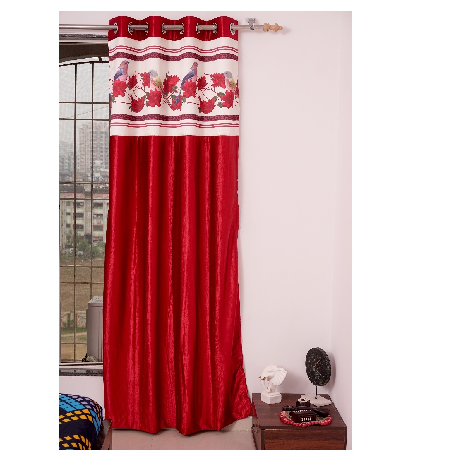 Flower with Bird Polyester Long Window Single Curtain (Red)