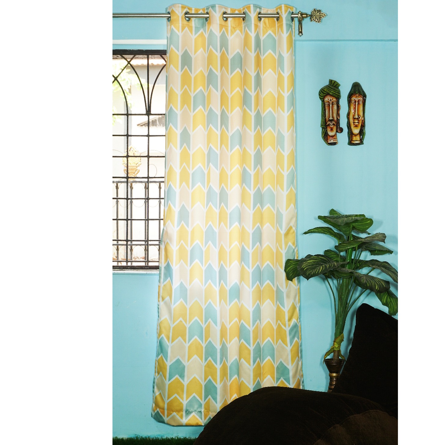Polyester Long Window Single Curtain Printed Fabric(Yellow &Green)
