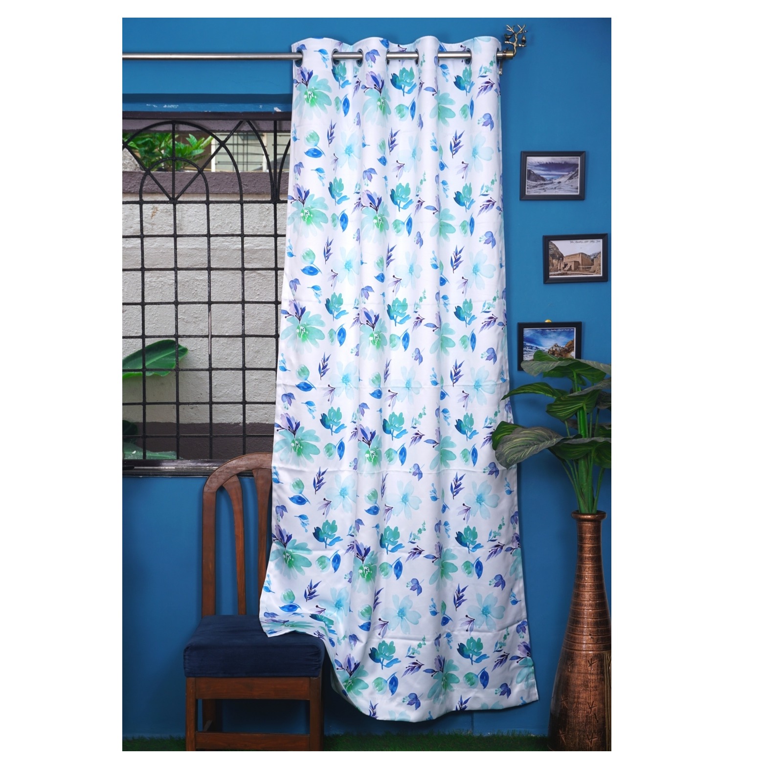 Floral Long Window Single Curtain (Blue & White)