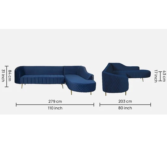 Yolo Velvet LHS Sectional Sofa in Royal Blue Colour - right_view