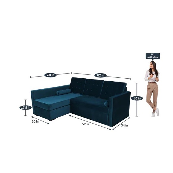Fujairah Pull Out Sofa Cum Bed In Teal Blue Color - rear_view