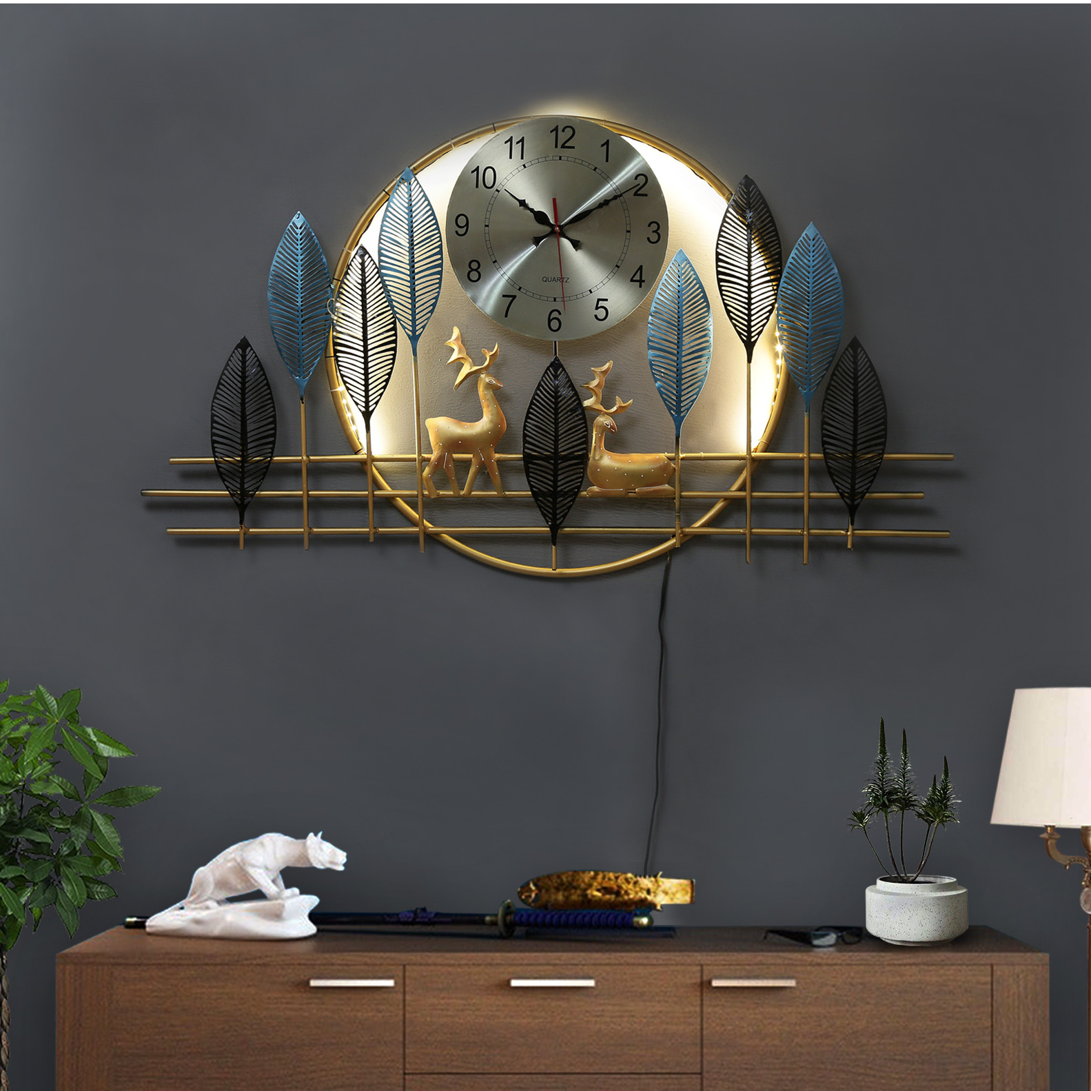 Metal Deer Clock with LED Wall Art
