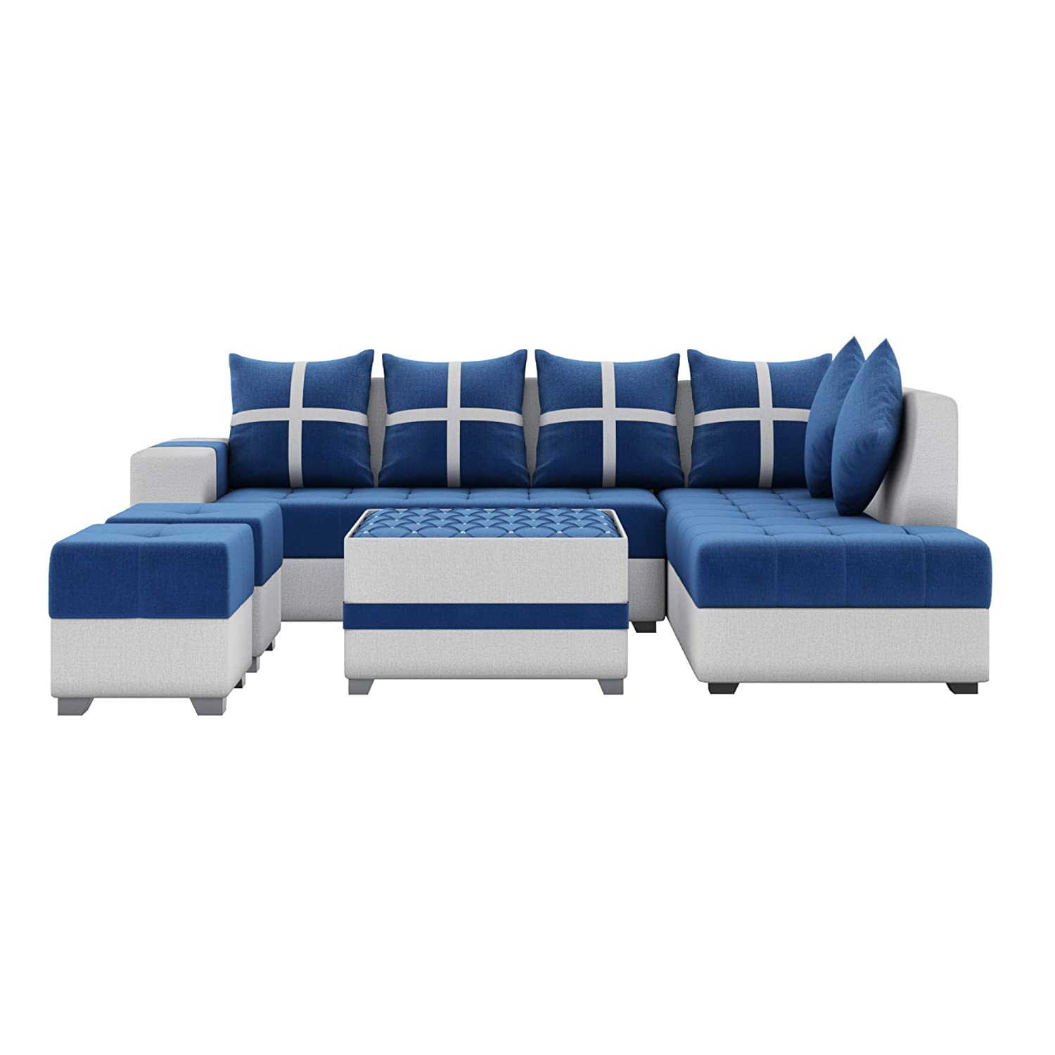 8 Seater LHS L Shape Sofa With Centre Table & 2 Puffy (Blue)