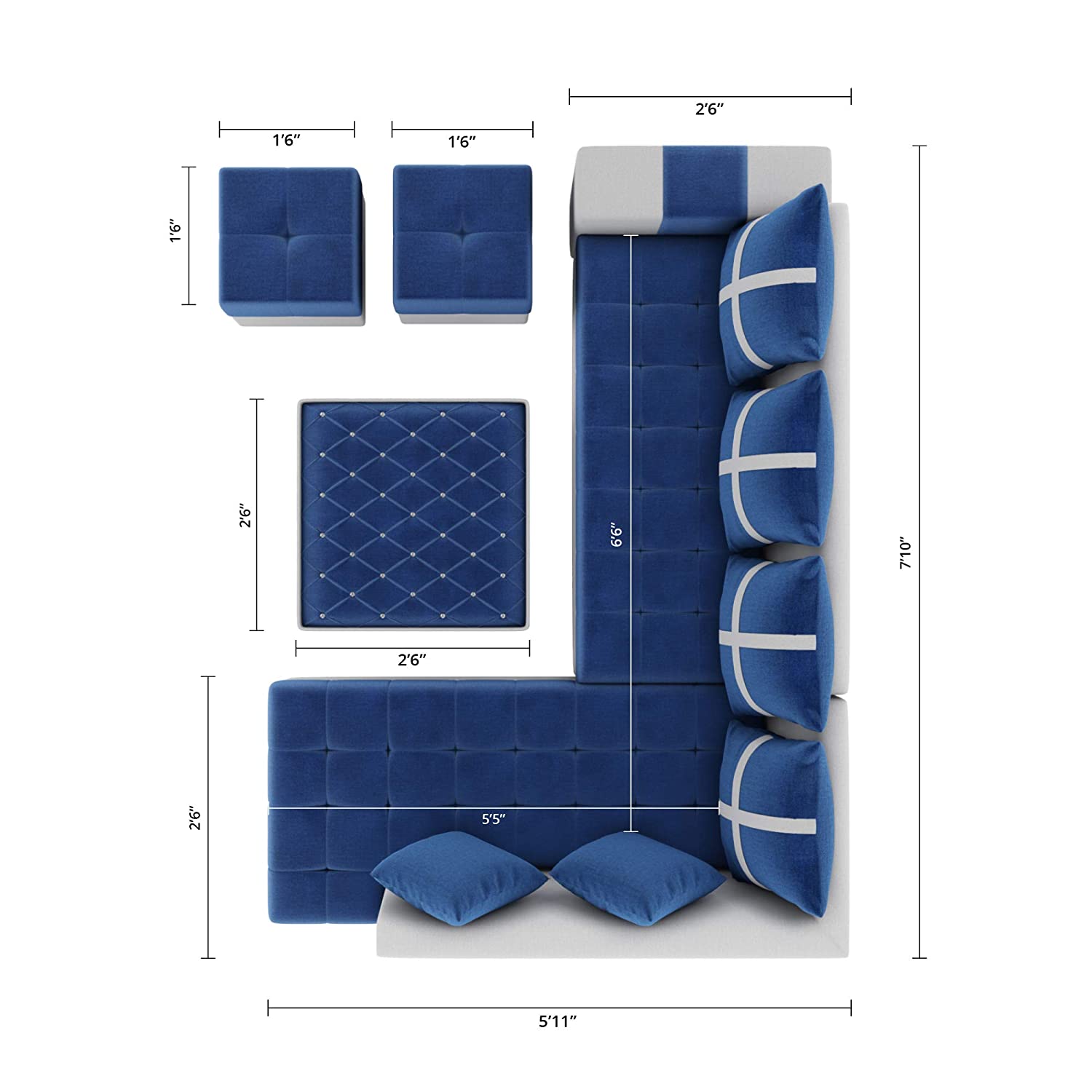 8 Seater LHS L Shape Sofa With Centre Table & 2 Puffy (Blue)