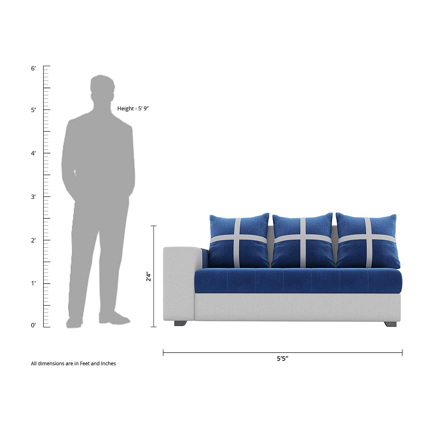 8 Seater LHS L Shape Sofa With Centre Table & 2 Puffy (Blue)