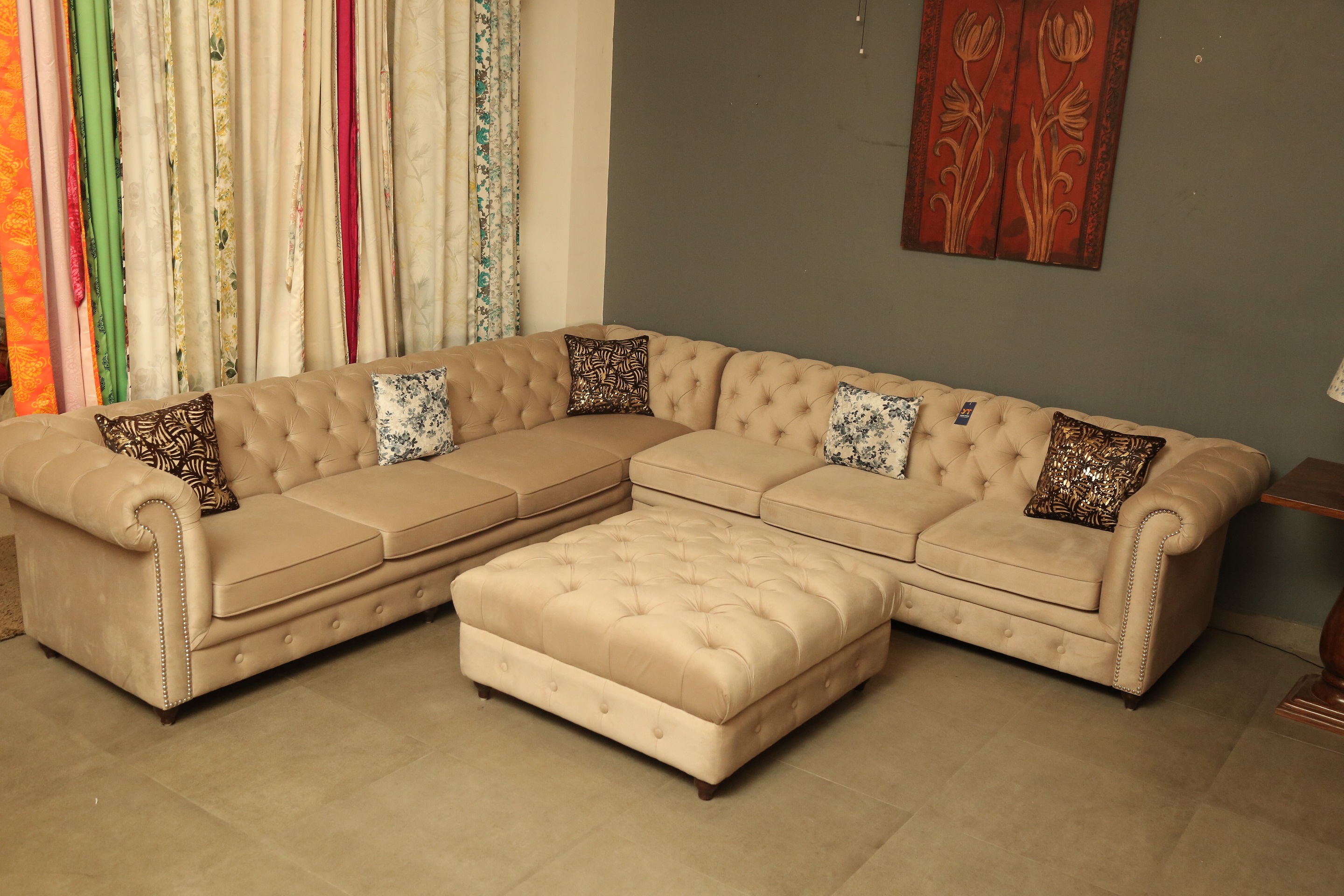Dayton L Shape Chesterfield Beige Sofa