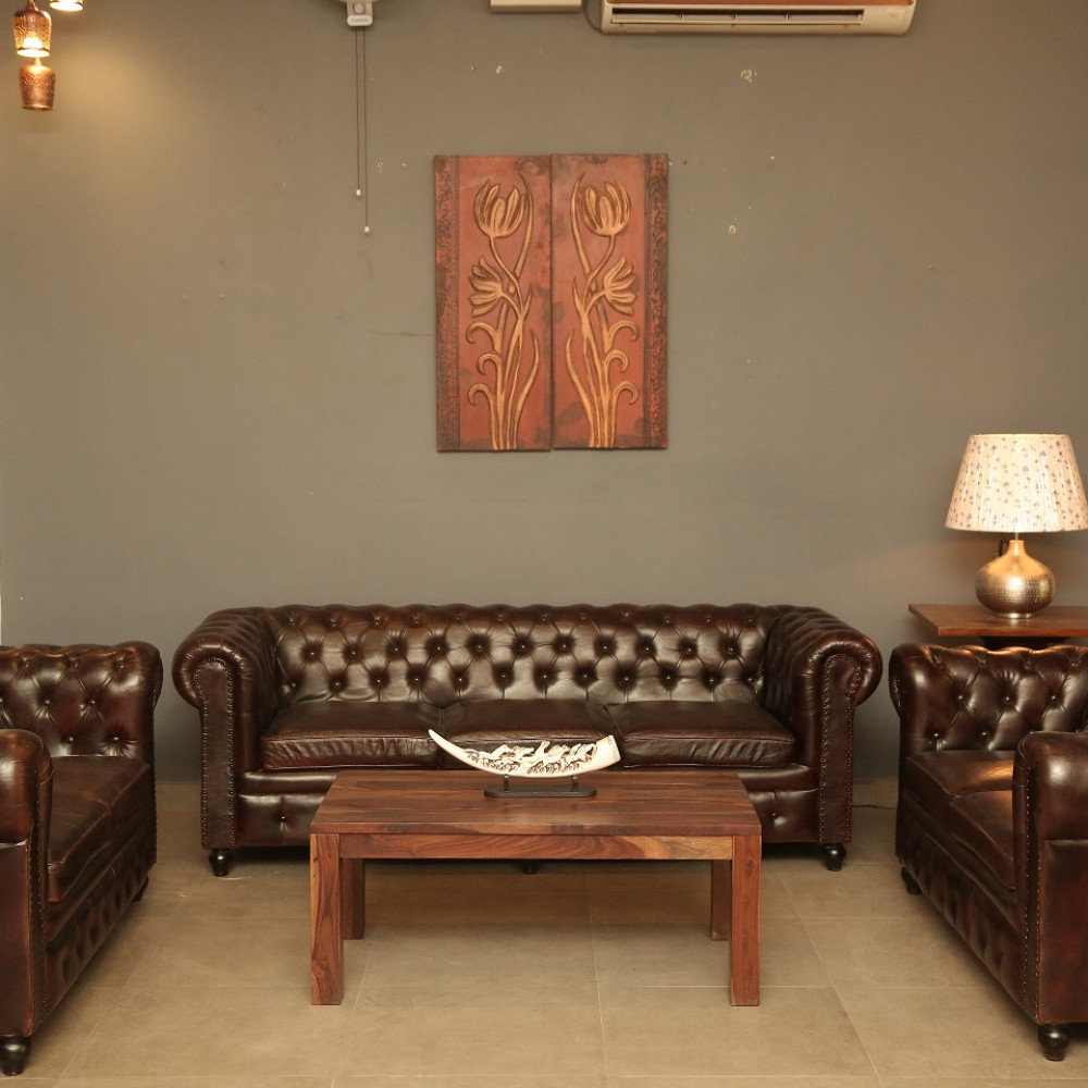 Buff Leather Chesterfield Sofa (3+2+2 Seater) - photo