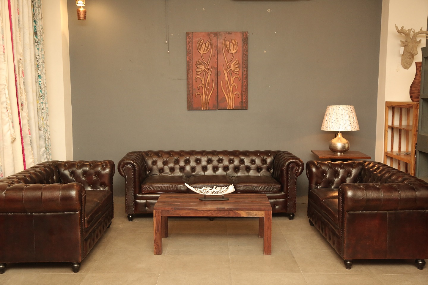 Buff Leather Chesterfield Sofa (3+2+2 Seater)