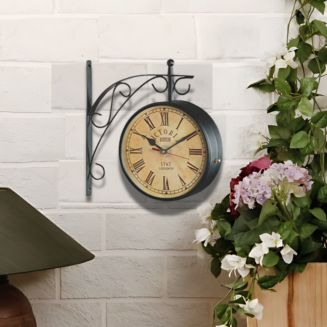 Victoria Iron Dia Retro Double Sided Station Railway Wall Clock (Black, 8 Inch) - front_view