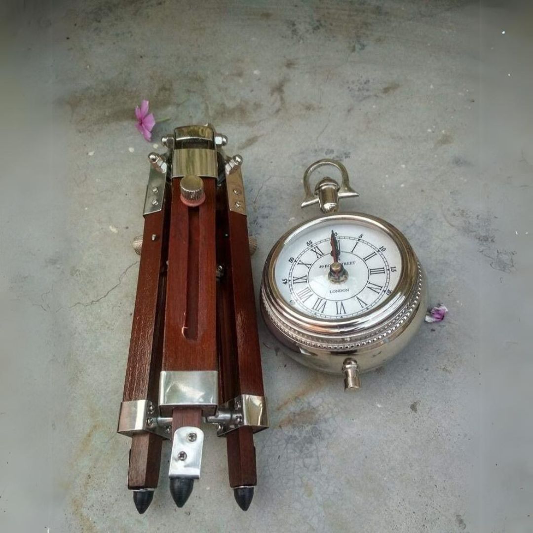 Adjustable Wooden Tripod Stand Desk Clock