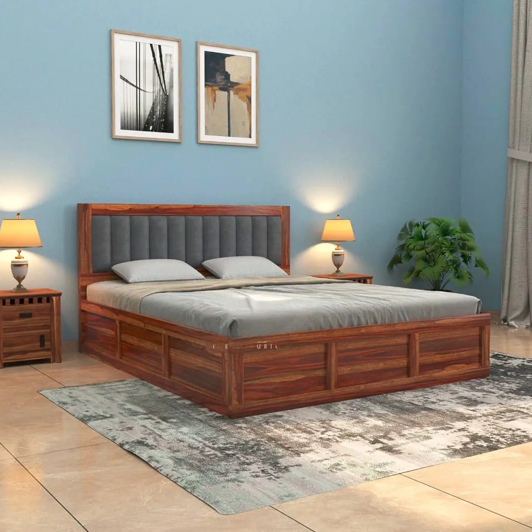 Morzo Solid Sheesham Wood King Size Bed With Storage