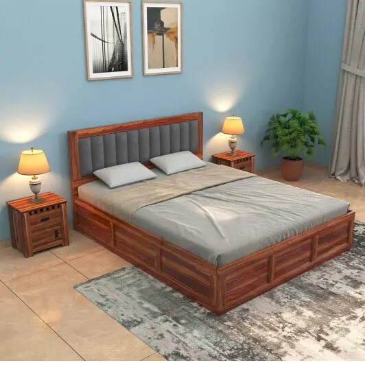 Morzo Solid Sheesham Wood King Size Bed With Storage