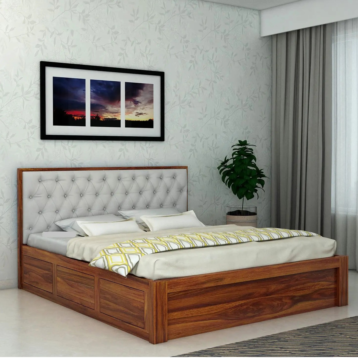 Decan Solid Sheesham Wood King Size Bed With Storage